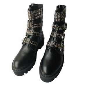 Black Multi Buckle Studded Platform Combat Boots Grommet Lug Sole Mid Calf